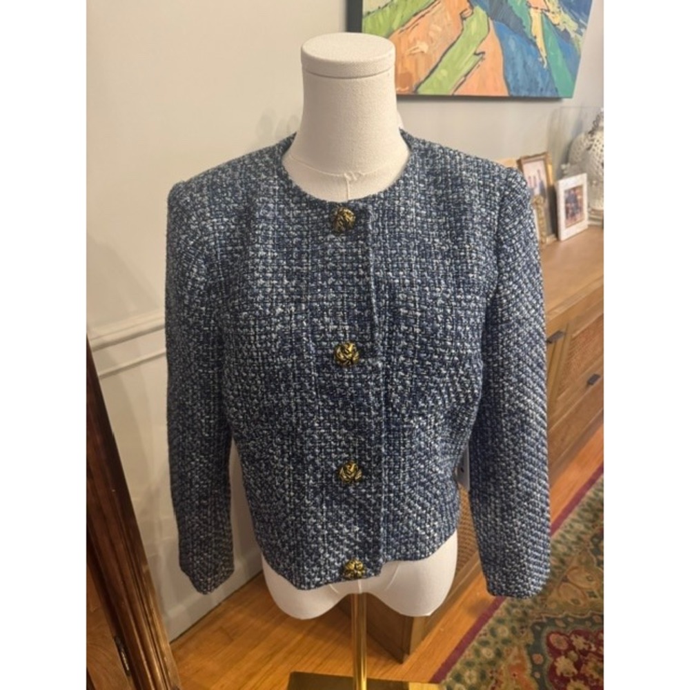 AQUA Navy Multi Tweed Blazer Jacket Gold Floral Buttons NWT Size Small